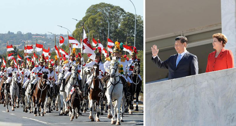 當地時間7月17日，國家主席習近平在巴西利亞出席巴西總統羅塞夫舉行的歡迎儀式（拼版照片）。 新華社記者劉建生攝
