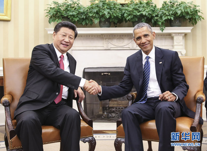 9月25日，中國國家主席習近平在華盛頓白宮同美國總統(tǒng)奧巴馬舉行小范圍會談。 新華社記者蘭紅光攝