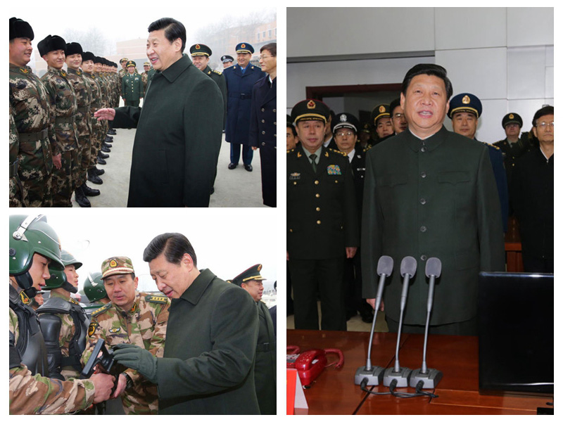 【武警部隊】2013年1月29日，習近平到武警部隊視察，觀摩了緊急出動演練，察看了部隊裝備，詳細了解新兵訓練和生活情況。在武警北京市總隊作戰勤務值班室，習近平與天安門廣場國旗哨兵視頻通話，他叮囑哨兵注意防寒保暖，勉勵大家牢記職責、不辱使命，用實際行動捍衛國旗尊嚴，維護國家形象，為黨和人民再立新功。