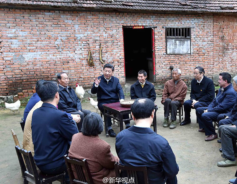 安徽省花石鄉(xiāng)大灣村，在村民陳澤申的小院裡，習近平總書記同鄉(xiāng)親們圍坐在一起拉家常。