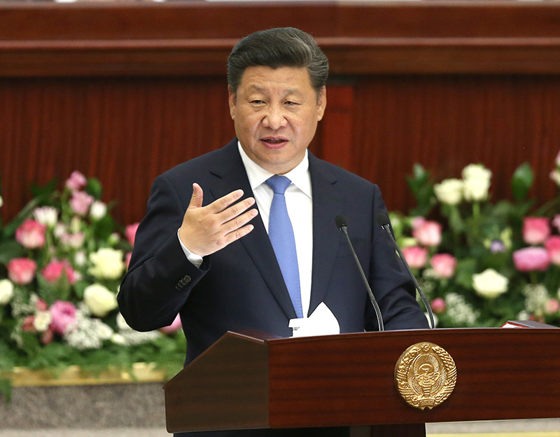 6月22日，國家主席習(xí)近平在塔什干烏茲別克斯坦最高會議立法院發(fā)表題為《攜手共創(chuàng)絲綢之路新輝煌》的重要演講。 新華社記者馬佔成攝