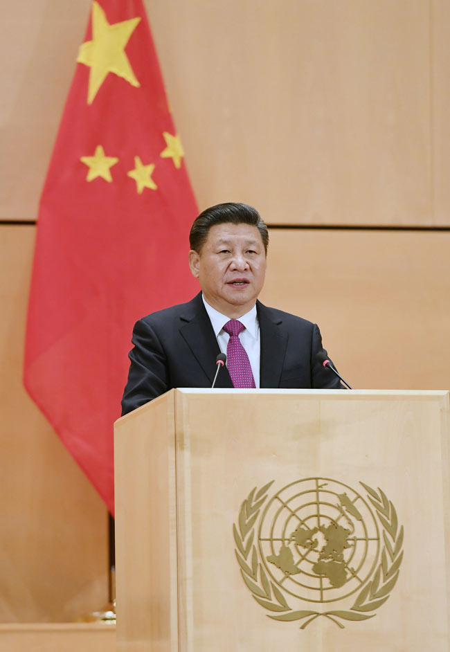 1月18日，國家主席習(xí)近平在瑞士日內(nèi)瓦萬國宮出席“共商共筑人類命運(yùn)共同體”高級(jí)別會(huì)議，並發(fā)表題為《共同構(gòu)建人類命運(yùn)共同體》的主旨演講。新華社記者 饒愛民 攝