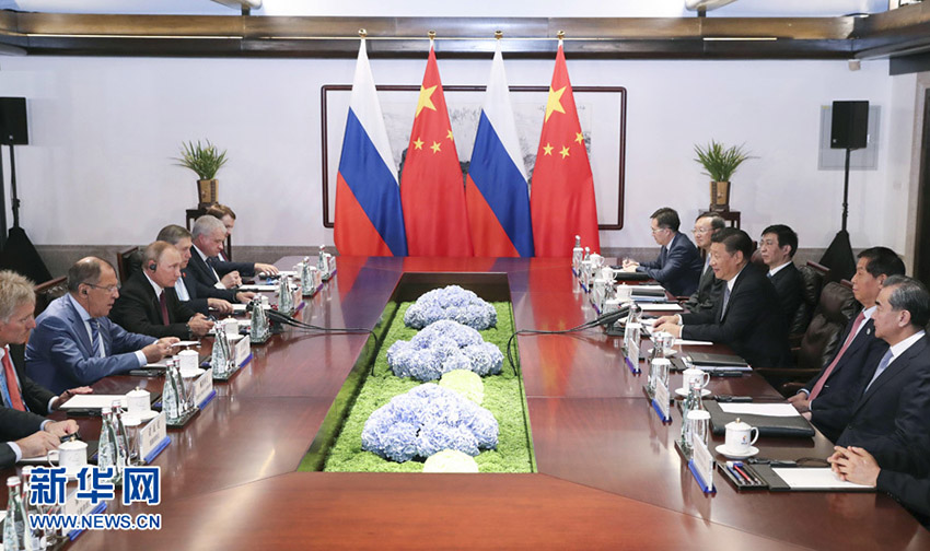 9月3日，國家主席習(xí)近平在廈門會見來華出席金磚國家領(lǐng)導(dǎo)人第九次會晤和新興市場國家與發(fā)展中國家對話會的俄羅斯總統(tǒng)普京。 新華社記者 龐興雷 攝