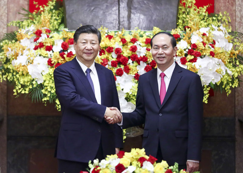 11月13日，中共中央總書記、國(guó)家主席習(xí)近平在河內(nèi)主席府同越南國(guó)家主席陳大光舉行會(huì)談。 新華社記者 謝環(huán)馳 攝