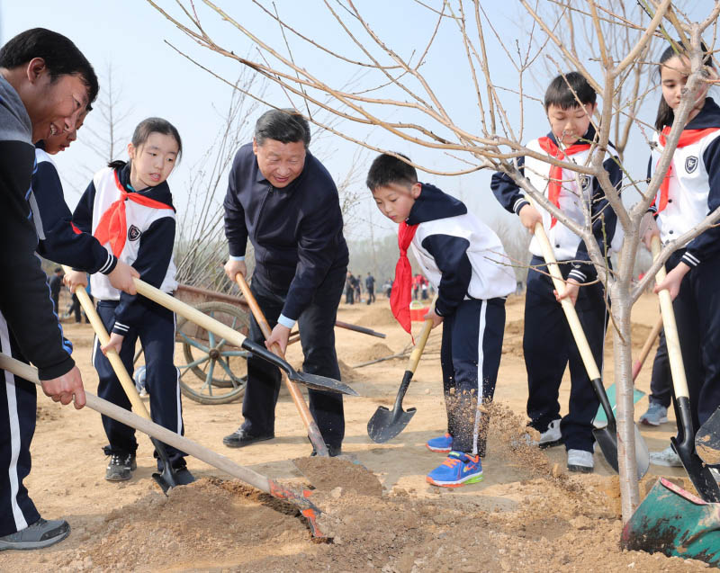 3月29日，黨和國家領導人習近平、張德江、俞正聲、劉雲山、王岐山、張高麗等來到北京市朝陽區將臺鄉參加首都義務植樹活動。這是習近平同大家一起植樹。新華社記者 鞠鵬 攝