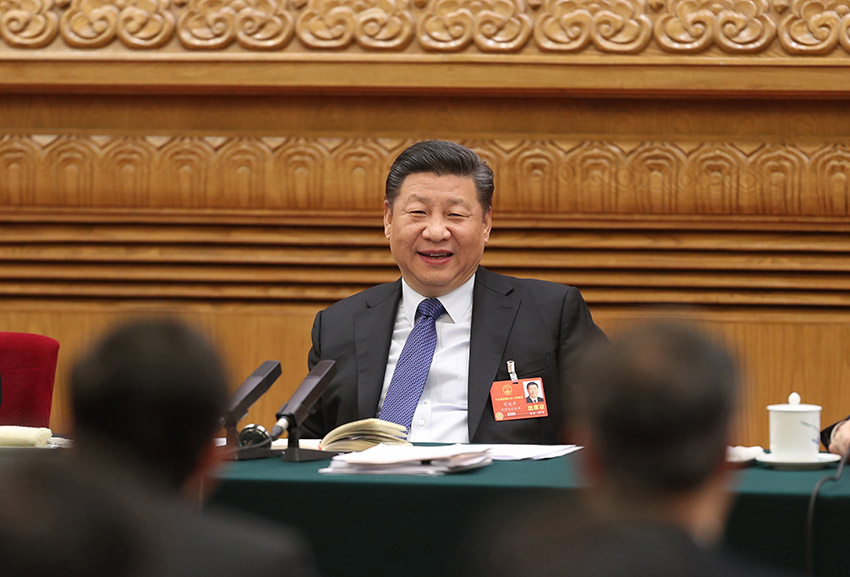 3月7日，中共中央總書記、國家主席、中央軍委主席習近平參加十三屆全國人大一次會議廣東代表團的審議。 新華社發（盛佳鵬 攝）