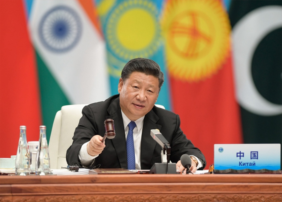 6月10日，上海合作組織成員國元首理事會第十八次會議在青島國際會議中心舉行。國家主席習近平主持會議並發表重要講話。 新華社記者李學仁攝