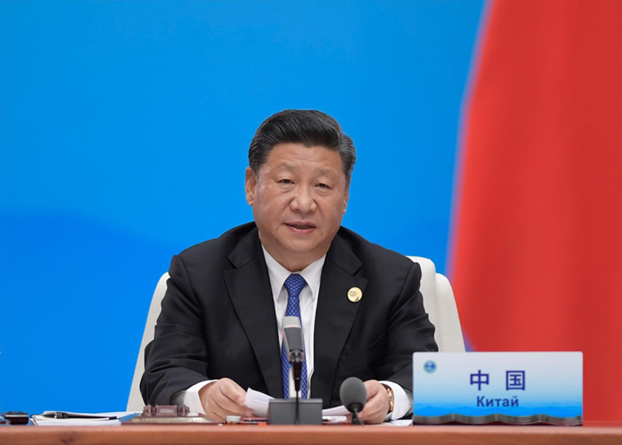 6月10日，上海合作組織成員國元首理事會第十八次會議在青島國際會議中心舉行。國家主席習近平主持會議並發表重要講話。 新華社記者李學仁攝