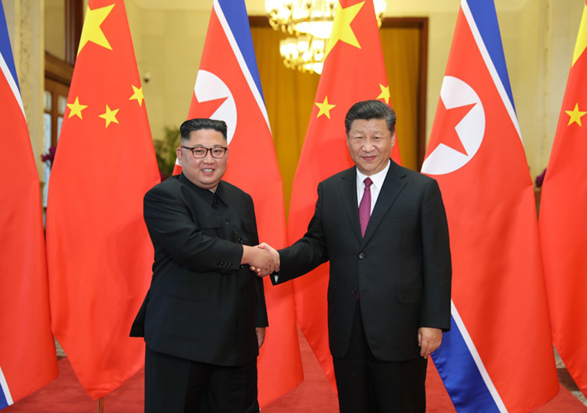 6月19日，中共中央總書記、國家主席習近平同當日抵京對中國進行訪問的朝鮮勞動黨委員長、國務委員會委員長金正恩舉行會談。 新華社記者鞠鵬 攝