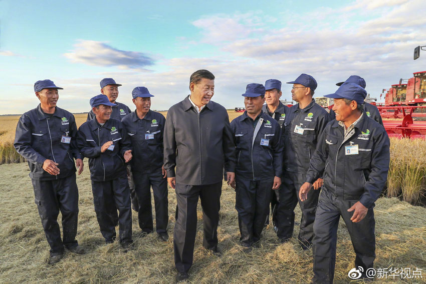 9月25日，中共中央總書記、國家主席、中央軍委主席習(xí)近平抵達(dá)黑龍江省開始考察。這是習(xí)近平在七星農(nóng)場萬畝大地號(hào)與農(nóng)場工人們親切交談。 新華社記者 謝環(huán)馳 攝