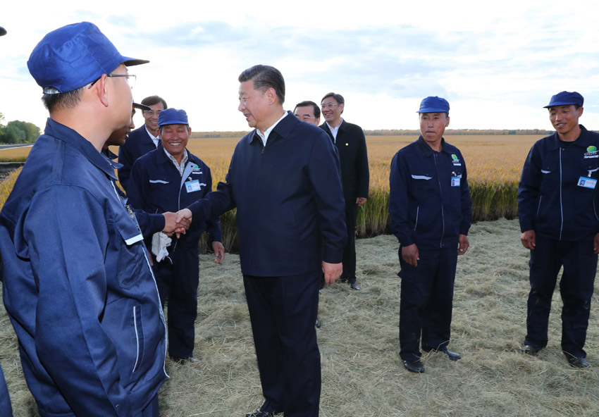 9月25日，中共中央總書記、國家主席、中央軍委主席習(xí)近平抵達(dá)黑龍江省開始考察。這是習(xí)近平在七星農(nóng)場萬畝大地號與農(nóng)場工人們親切交談。 新華社記者 謝環(huán)馳 攝