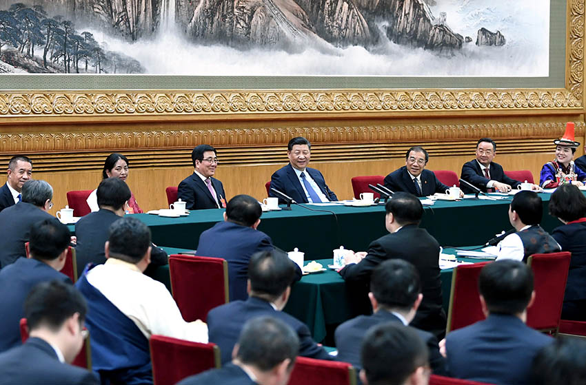 3月7日，中共中央總書記、國家主席、中央軍委主席習近平參加十三屆全國人大二次會議甘肅代表團的審議。 新華社記者 謝環馳 攝