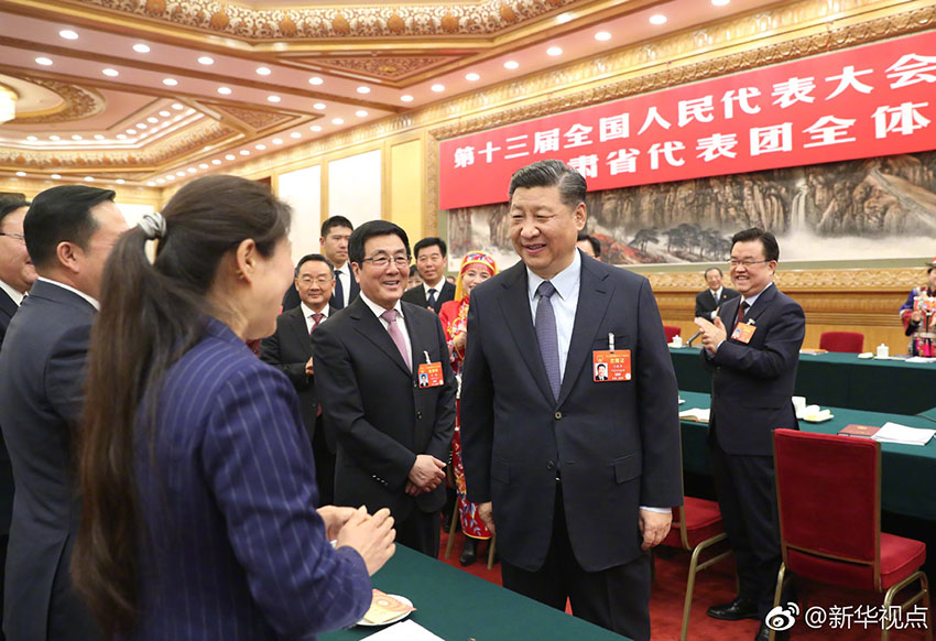 3月7日，中共中央總書記、國家主席、中央軍委主席習近平參加十三屆全國人大二次會議甘肅代表團的審議。 新華社記者 王曄 攝