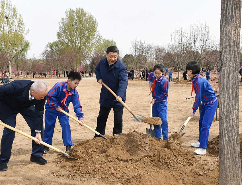4月8日，黨和國家領導人習近平、栗戰書、汪洋、王滬寧、趙樂際、韓正、王岐山等來到北京市通州區永順鎮參加首都義務植樹活動。這是習近平同大家一起植樹。新華社記者 謝環馳 攝