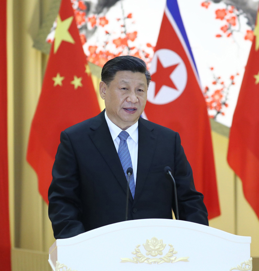 6月20日，中共中央總書記、國家主席習近平出席朝鮮勞動黨委員長、國務委員會委員長金正恩在平壤木蘭館舉行的歡迎宴會。這是習近平在宴會上致辭。 新華社記者 鞠鵬 攝