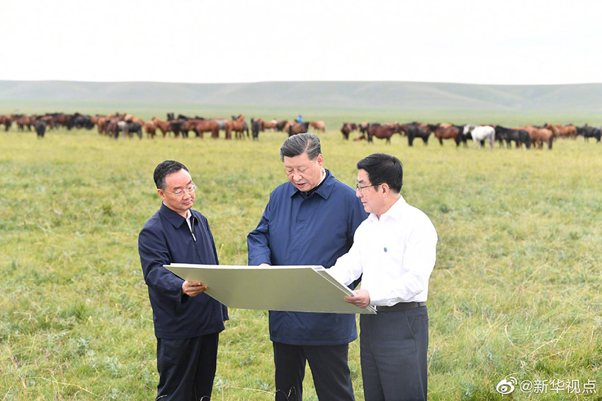 8月20日下午，中共中央總書記、國家主席、中央軍委主席習近平抵達甘肅省張掖市山丹縣，前往山丹培黎學校和山丹馬場考察調研，了解當?shù)芈殬I(yè)教育培訓和祁連山生態(tài)環(huán)境修復保護等情況。 新華社記者 謝環(huán)馳 攝