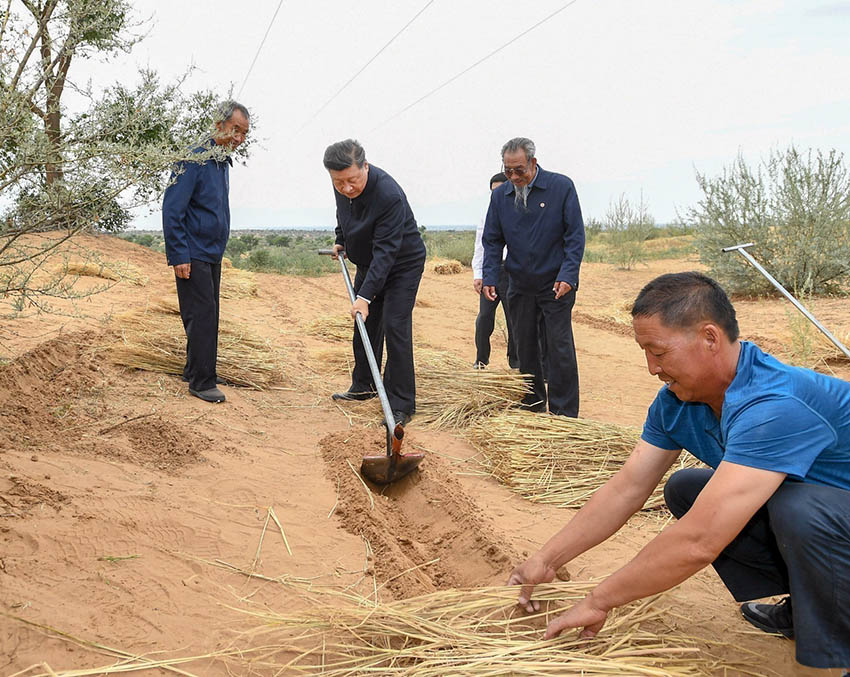 8月21日，中共中央總書記、國家主席、中央軍委主席習近平繼續在甘肅考察。這是習近平來到武威市古浪縣八步沙林場，實地察看當地治沙造林、生態保護等情況。 新華社記者 謝環馳 攝