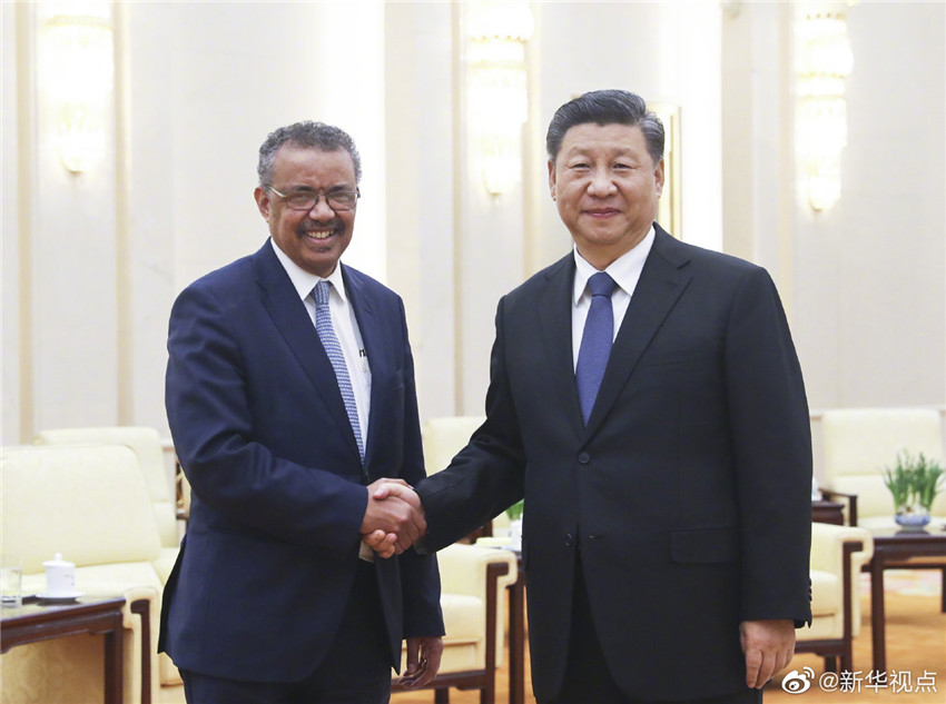 1月28日，國(guó)家主席習(xí)近平在北京人民大會(huì)堂會(huì)見(jiàn)世界衛(wèi)生組織總干事譚德塞。新華社記者 鞠鵬 攝