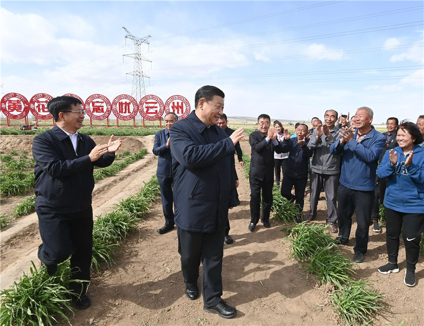 5月11日下午，正在山西考察的習近平總書記來到大同市雲州區有機黃花標準化種植基地，步入田間察看黃花長勢，同正在勞作的村民親切交談。（攝影記者：李學仁、謝環馳、劉彬）