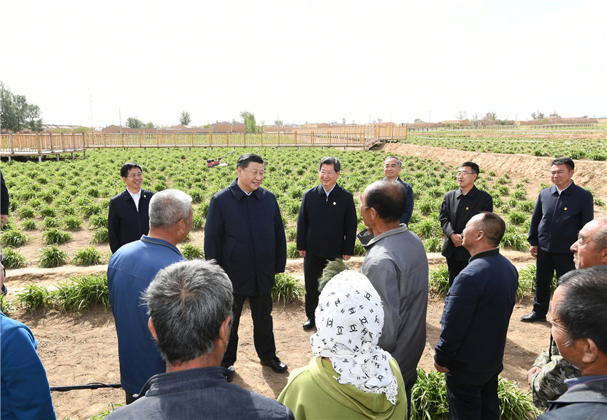 5月11日至12日，中共中央總書記、國家主席、中央軍委主席習(xí)近平在山西考察。這是5月11日下午，習(xí)近平在大同市雲(yún)州區(qū)有機(jī)黃花標(biāo)準(zhǔn)化種植基地，同正在勞作的村民們親切交談。 新華社記者 謝環(huán)馳 攝