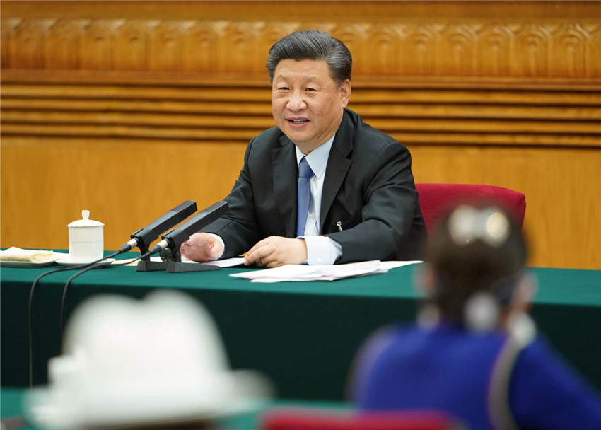 5月22日，中共中央總書記、國家主席、中央軍委主席習近平參加十三屆全國人大三次會議內蒙古代表團的審議。 新華社記者 黃敬文 攝