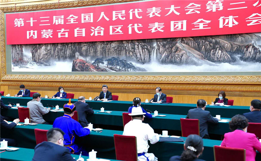 5月22日，中共中央總書記、國家主席、中央軍委主席習近平參加十三屆全國人大三次會議內蒙古代表團的審議。 新華社記者 謝環馳 攝