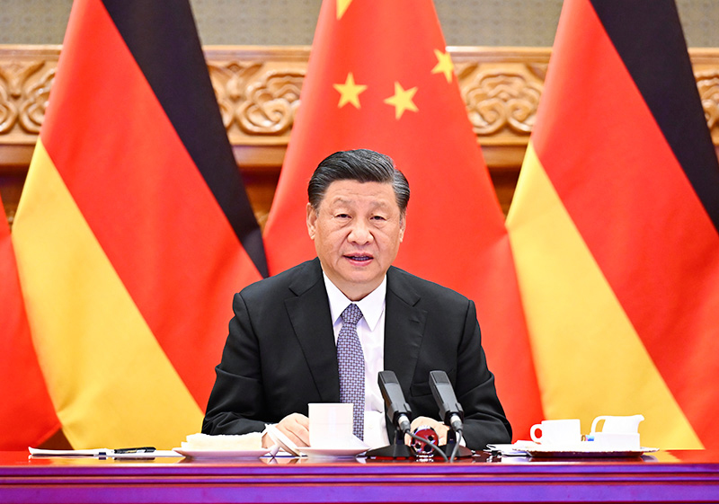 5月9日下午，國(guó)家主席習(xí)近平在北京同德國(guó)總理朔爾茨舉行視頻會(huì)晤。 新華社記者 李學(xué)仁 攝