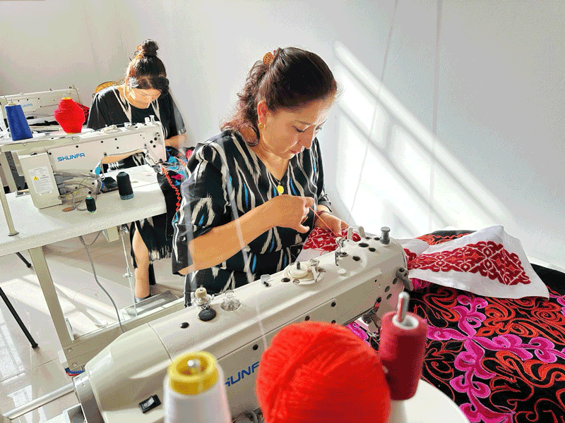 在兵團第三師托云牧場，刺繡合作社社員正在工作。人民網記者 楊睿攝