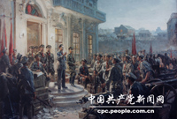 　　一九二七年大革命失敗后，周恩來擔(dān)任中共中央政治局臨時常務(wù)委員會委員、中共前敵委員會書記，同賀龍、葉挺、朱德、劉伯承等同志一起領(lǐng)導(dǎo)發(fā)動八一南昌起義，打響了武裝反抗國民黨反動派的第一槍，中國共產(chǎn)黨領(lǐng)導(dǎo)的人民軍隊(duì)從此誕生。圖為：八一南昌起義的油畫照